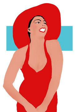 Femme souriante avec un chapeau et une robe rouge dessin couleur aplat