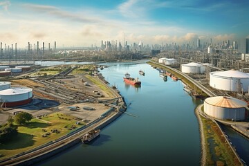 Overhead perspective of Houston waterway with petrochemical facilities. Generative AI