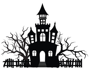 Haunted house halloween with bat and dry tree