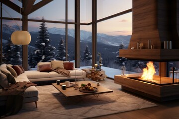 Warm living space with a fireplace and a picturesque view of snow-covered mountains. Generative AI