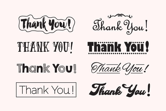 Black ink Thank You words text with different stylized font faces icons set design elements on light pink background