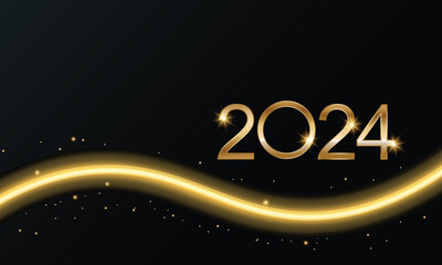 2024 Glittering New Year Card, Festive Sparkling Gold Background, Horizontal banner