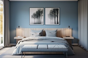 Modern, soothing blue bedroom with minimalist design. Generative AI