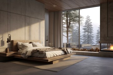 3D rendering of a contemporary bedroom. Generative AI