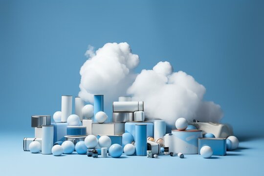 Art representing Earth Overshoot Day with batteries and clouds on a soft blue backdrop. Generative AI