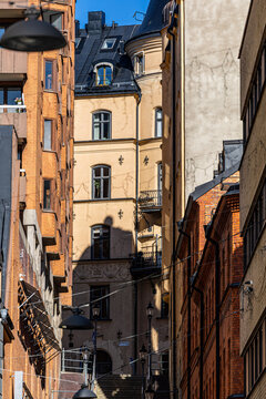 Stockholm, Sweden A classic vew of residential buildings and a staircase Tunnelgatan in the downtown.