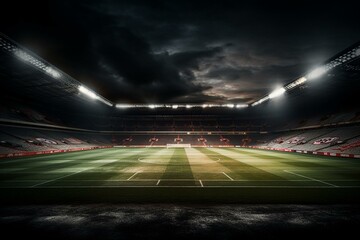 Empty stadium illuminated from the pitch with cloudy skies. Generative AI