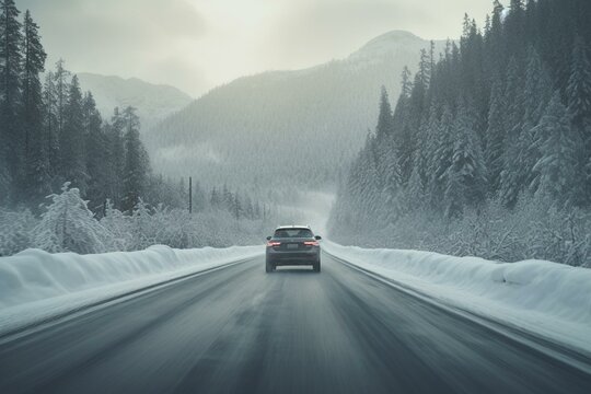 A car drives on a snowy road. Generative AI