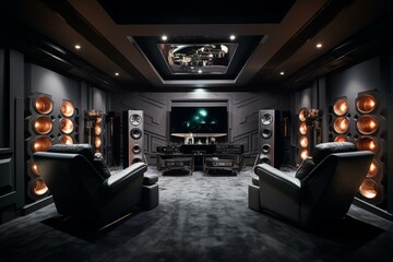 Top-tier audio equipment for luxurious home theaters and state-of-the-art sound recording studios. Astonishing 3D representation. Generative AI - obrazy, fototapety, plakaty