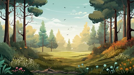 Forest landscape background with complementing tree and plant illustrations.