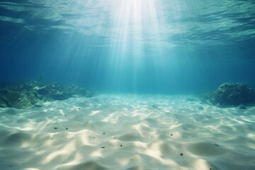 Fototapeta na wymiar Sunlit sand ocean floor in empty blue underwater. Generative AI