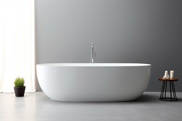 Fototapeta na wymiar modern stand-alone bathtub against a plain white backdrop. Generative AI