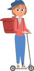 Young delivery girl character on scooter. Cartoon person