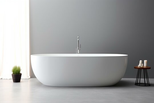 modern stand-alone bathtub against a plain white backdrop. Generative AI