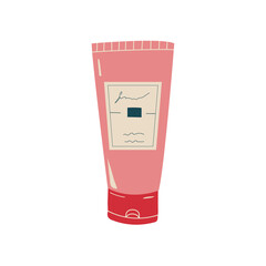 Face, hair, or hand cream tube vector illustration. Cosmetic cream or lotion in pink plastic container, cosmetic product for skincare isolated on white 