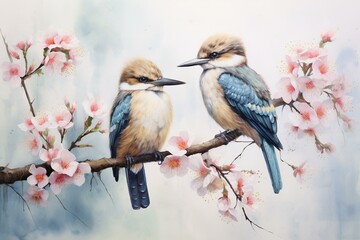 Watercolor painting with Australian kookaburras and flowers. Generative AI