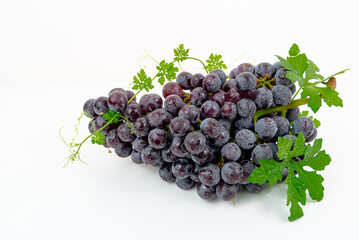 Purple grape Kyoho Grape with leaves on white background