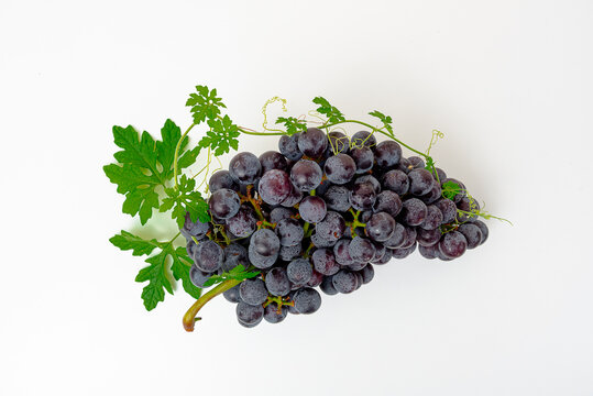 Purple grape Kyoho Grape with leaves on white background