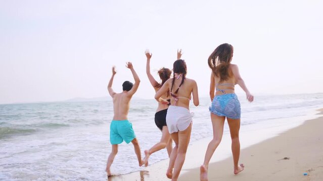 Group of young man and women friend walking on the beach during summer.