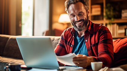 photograph of A happy man paying bills online with laptop in living room. Online shopping.Generative ai