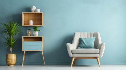 photograph of Comfortable armchair, shelving unit and houseplant near blue wall.generative ai