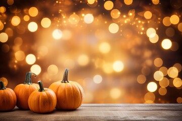 Naklejka na ściany i meble Beautiful pumpkin on a wooden floor. Festive Halloween bokeh background with empty space.