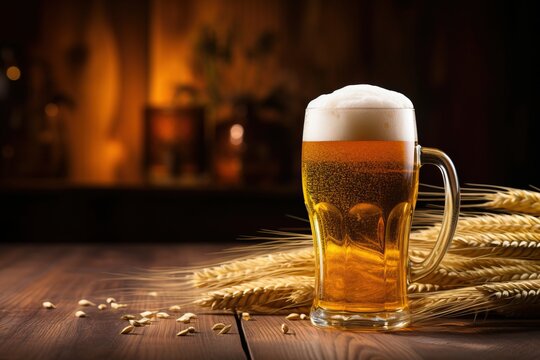 A glass of beer and spikelets of barley on a wooden table. Blurred background.