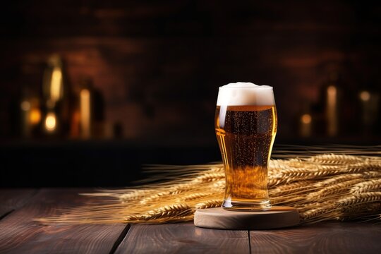 A glass of beer and spikelets of barley on a wooden table. Blurred background.