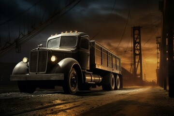 Striking lighting accentuates huge truck against industrial scenery. Generative AI