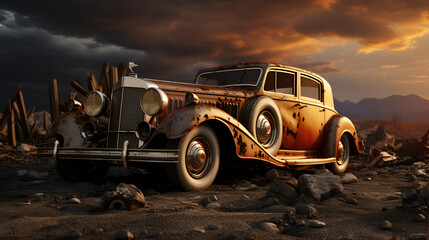 damaged vintage car in disert