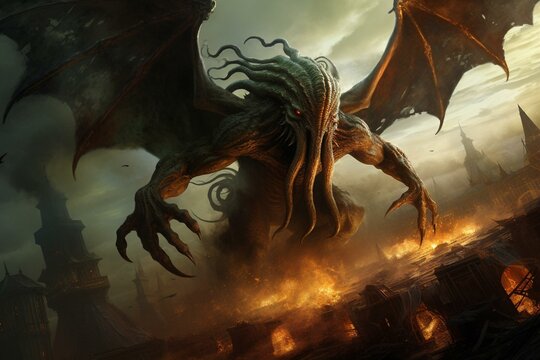 Image of a menacing Cthulhu rising as the apocalypse unfolds. Generative AI