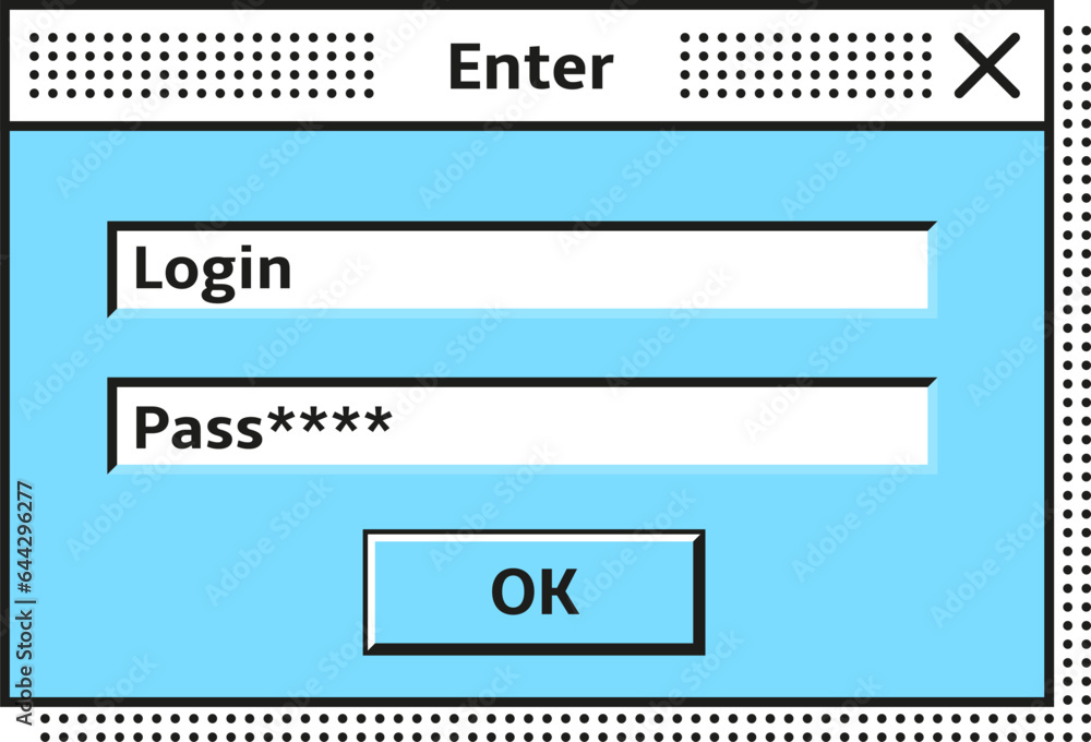 Poster login window template in retro style. old pc interface
