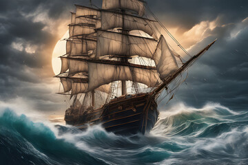 Captivating Image of Old Sail Ship Battling Treacherous Waves in Stormy Night - Adventure & Danger at Sea