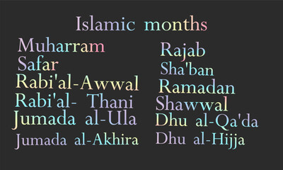 The names of the months in Islam are colored holograms, one set per year. editable