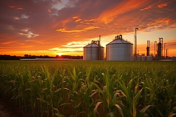 Corn field and biogas plant under a sunset sky. Generative AI - obrazy, fototapety, plakaty