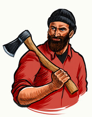 Canadian lumberjack with axe. Hand-drawn ink on paper and hand-colored on tablet - 644297681