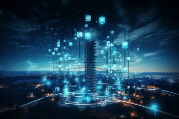 Cell tower for high-speed connections, with 4G and 5G transmitters against tech pattern. Generative AI