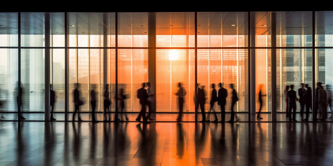 Silhouette image of business people crowd walking in a modern building's hall with big window. In...