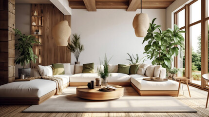 White living room interior design with neutral color sofa, indoor plant, wall art, cozy modern minimal japandi scandinavian living room 3d illustration.