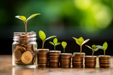 Stacks of coins and savings jar with tree sprouts on the top, save money for future, growth investing, profit and environmental sustainability concept background. 