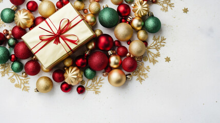 Christmas gold gift box with red ribbon and ornaments, gold red and green shiny baubles on white backdrop, Merry Christmas background with copy space.