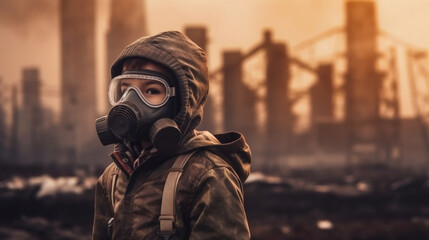 Boy wearing gas mask protecting herself from air pollution, blurred factory and smog on the background, environmental health and air pollution concept.