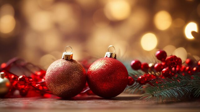 Red and rose gold baubles, berris and fir branch Christmas tree ornaments on table background with beautiful light bokeh, Christmas background with space.