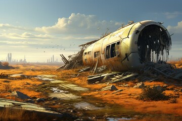 A countryside scenery featuring a futuristic urban wreckage in the distance. Generative AI