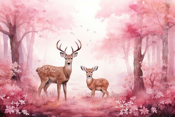 Pink watercolor forest with adorable baby deers amidst woodland animals. Generative AI