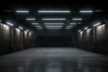 Realistic 3D rendering of an underground warehouse tunnel with empty metal structure corridor, dark concrete, and white LED lights. Generative AI