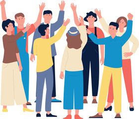 Fototapeta premium People raising hand. Man and woman stand in circle