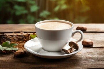 White cup of mushroom coffee on wooden table, representing a new superfood trend. Generative AI