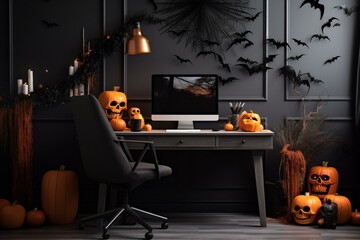 Contemporary Halloween-themed home office with computer mockup and festive decorations. Generative AI