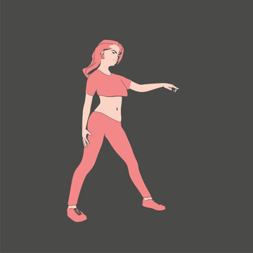 Standing woman. Sport girl illustration. Casual sportwear - t-shirt, breeches and sneakers. Young woman wearing workout clothes. Sport fashion girl outline in urban casual style.